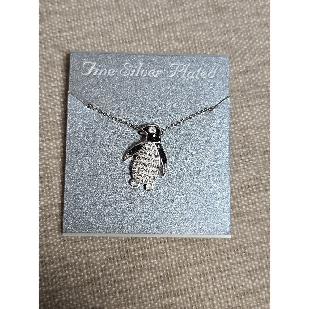 Penguin Necklace Silver Plated Clear & Black Rhinestones, NWT, 18 Inches FLAWED